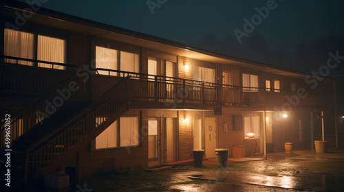 Motel on a foggy night. Generative AI