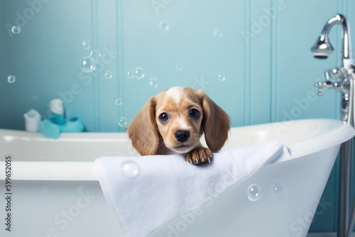 Cute dog showering with shampoo. Washing pet. Puppy dog looking out from bath on blue background. Created with Generative AI © Lazy_Bear