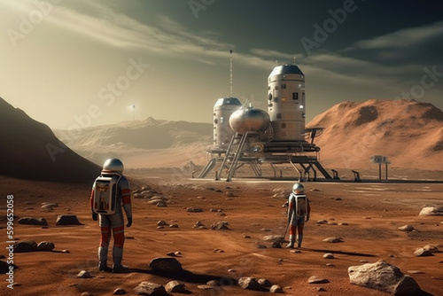 Fototapeta Naklejka Na Ścianę i Meble -  Astronauts wearing space suits walking on red planet, standing near base for colonization. Martian colony. Created with Generative AI