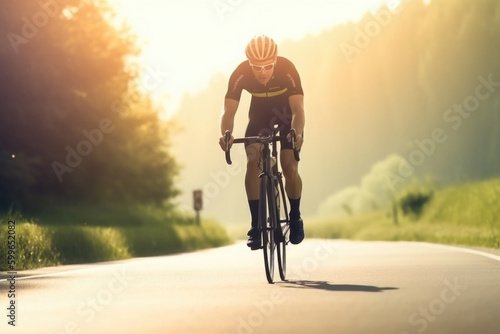 Professional cyclist in protective helmet trains on road. Athlete trains on a bicycle. Created with Generative AI