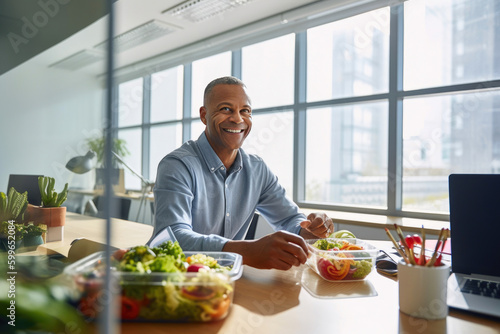 Office worker enjoying a healthy meal from his meal prep container. Generative AI