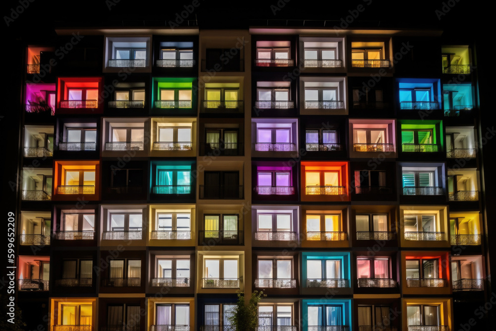 Bright colorful windows pattern at night. Front view facade of residential building with glowing lights in windows and balcony in the dark. Created with Generative AI - obrazy, fototapety, plakaty 