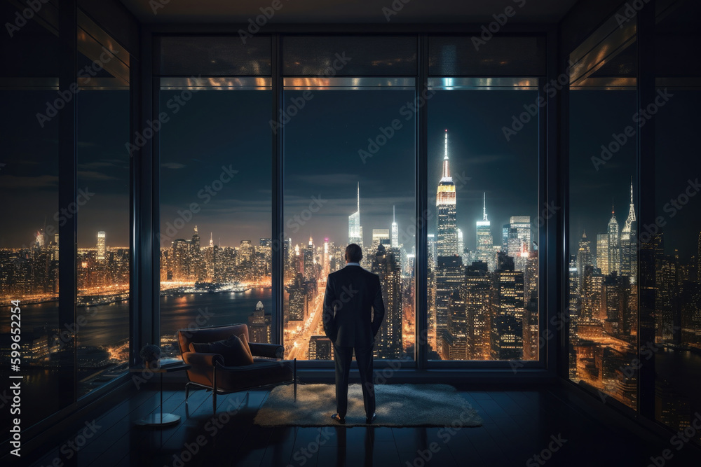 Successful businessman looking out from window on night city. Man in office at night. Created with Generative AI Successful businessman looking out from window on night city. Man in office at night. Created with Generative AI