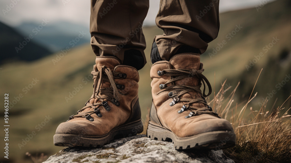 hiking boots closeup of a mountain climber. Generative AI hiking boots closeup of a mountain climber. Generative AI