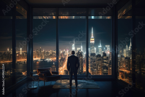 Successful businessman looking out from window on night city. Man in office at night. Created with Generative AI