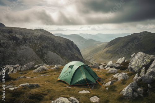 Camping tent with amazing view on mountain landscape at sunset. Hiking and nature travel concept. Outdoor activities in summer. Created with Generative AI