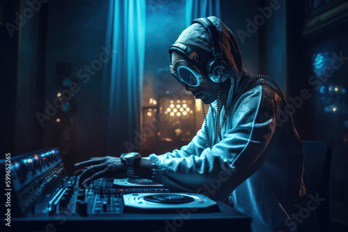 Hi-tech cyborg DJ having fun playing music. Generative AI