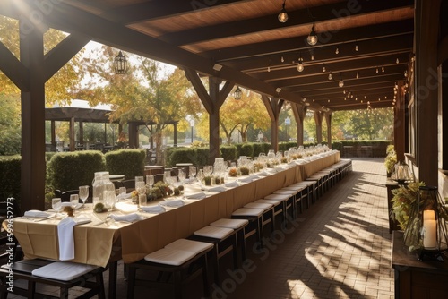 banquet hall, with long tables set up for a formal outdoor dining event, created with generative ai © Alfazet Chronicles