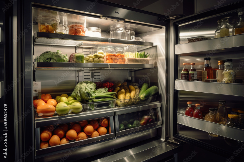 Refrigerator filled with a colorful array of storage containers holding an assortment of fresh and healthy cooked foods. Generative AI