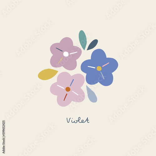 Abstract shape cutouts violet flower vector illustration. Minimalistic floral summer spring pre-made print poster design.