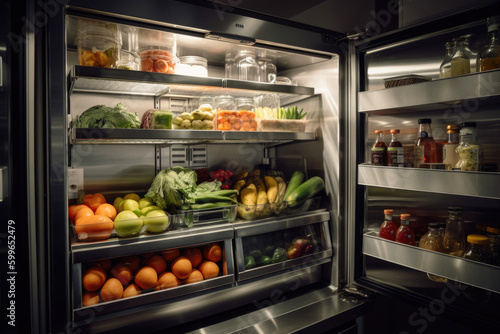 Refrigerator filled with a colorful array of storage containers holding an assortment of fresh and healthy cooked foods. Generative AI