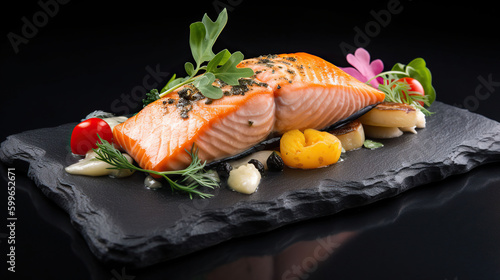 Healthy and Delicious, Grilled Salmon and Vegetables on a Stunning Black Stone Plate. AI Generative