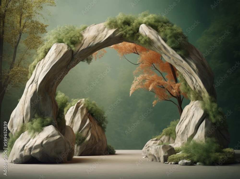 3d rendering of a fantasy landscape with a stone arch and trees, generative Ai