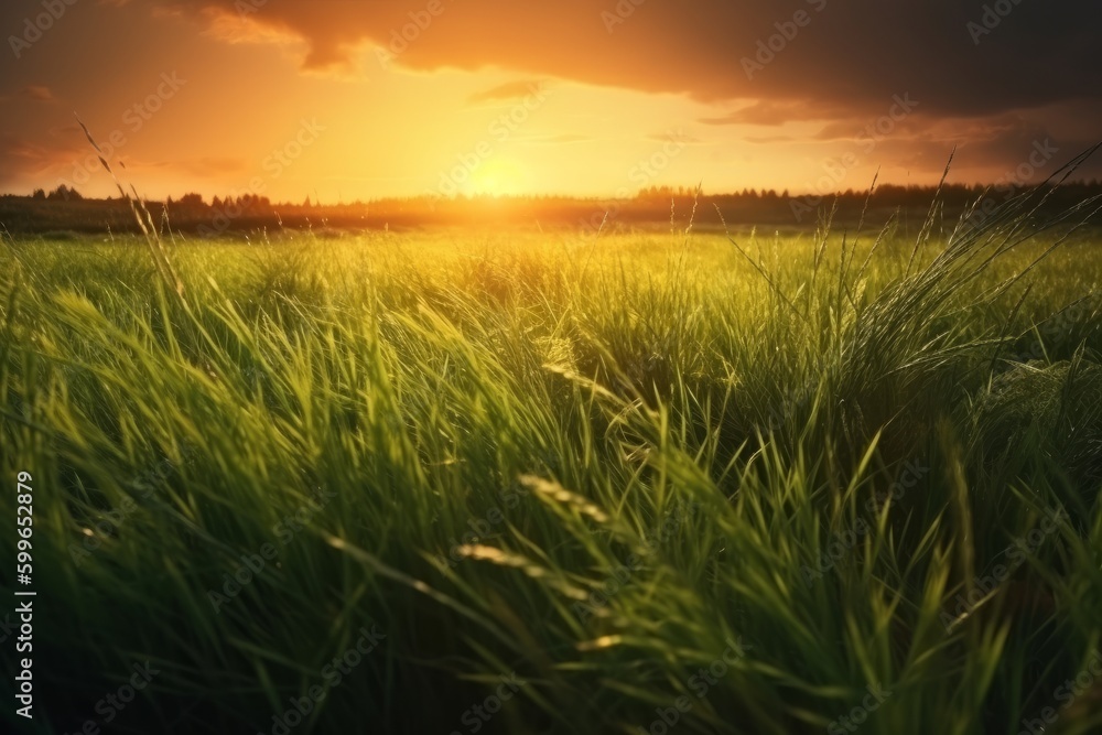Sunset over a field with green grass. Beautiful nature background, generative Ai