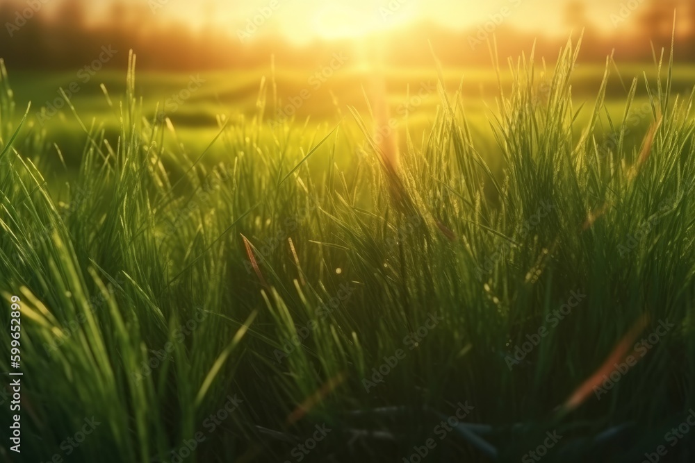 Green grass field at sunset. Nature background. Shallow depth of field., generative Ai