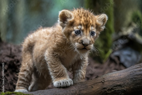 newborn lion cub exploring the outdoors for the first time  created with generative ai