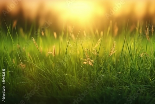 Green grass field at sunset. Nature background. Shallow depth of field., generative Ai