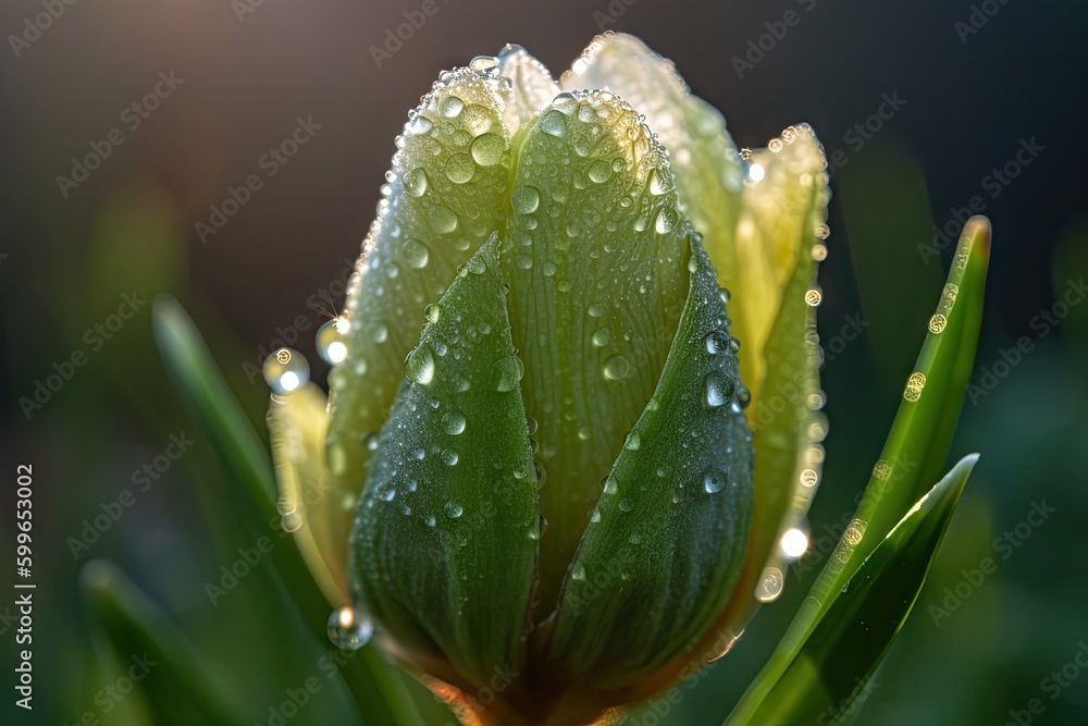 close-up of a blooming flower bud, with dew drops and morning light shining through, created with generative ai close-up of a blooming flower bud, with dew drops and morning light shining through, created with generative ai