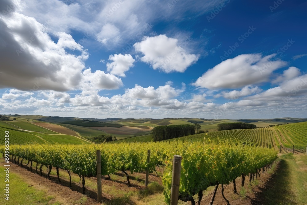 vineyard with rolling hills, blue sky and clouds, created with generative ai