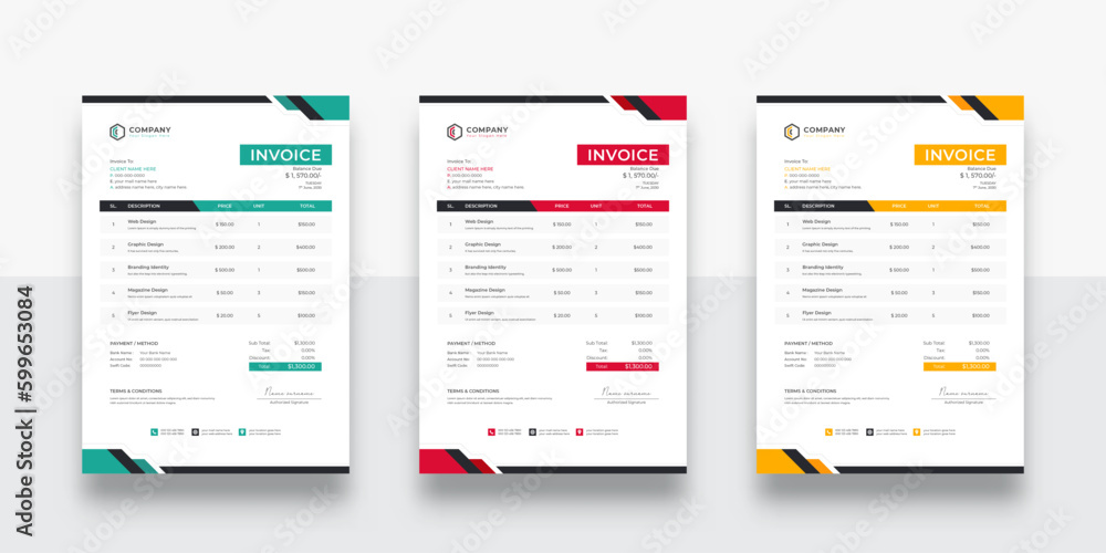 Abstract modern and Creative colorful business invoice template. creative invoice Template Paper Sheet Include Accounting, Price, Tax, and Quantity. 