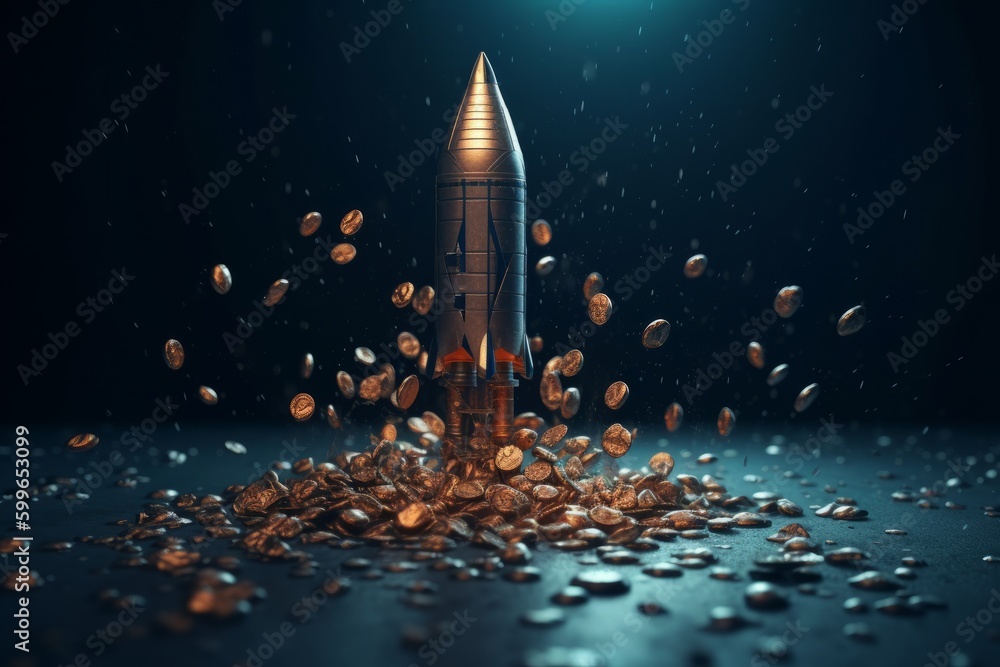 Rocket with golden coins on dark background. Success concept. 3D Rendering, generative Ai