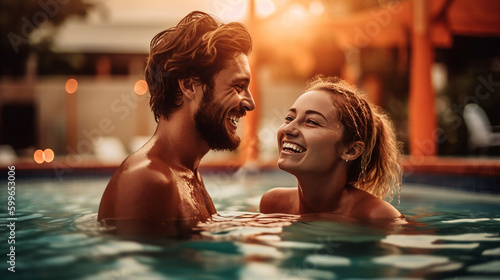 Happy couple has fun in the pool and enjoys the summer. Smiling and laughin at sunshine. Generative Ai 