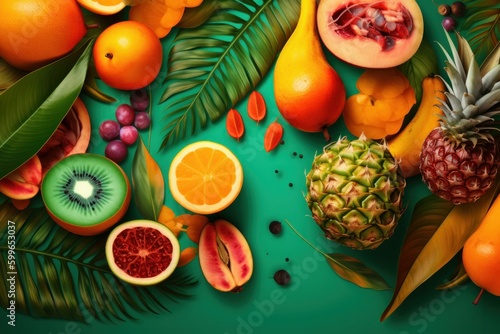 Tropical fruits on green background. Top view, flat lay, generative Ai