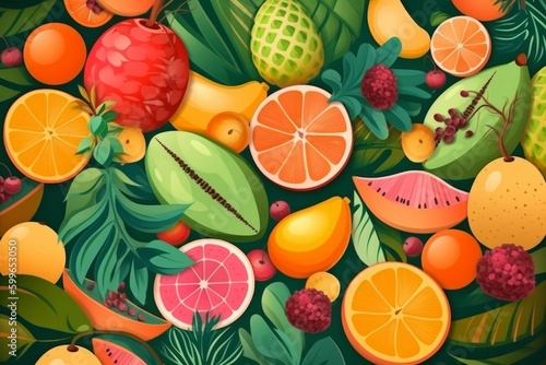 Fruits seamless pattern background. Digital illustration in cartoon style with tropic leaves, fruits and berries, generative Ai