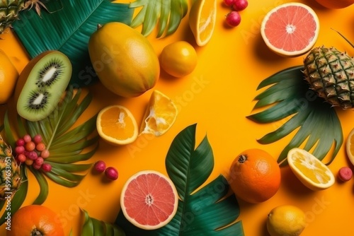 Tropical fruits on orange background. Flat lay, top view, generative Ai