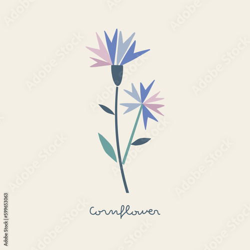 Abstract shape cutouts cornflower flower vector illustration. Minimalistic decorative floral summer spring pre-made print poster design.