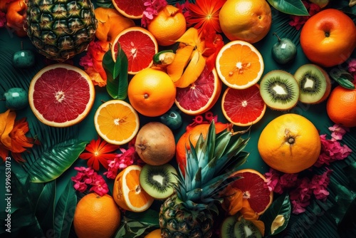 Citrus fruits and flowers on green background. Flat lay.  generative Ai