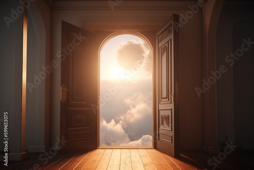 Open door to heaven with sky and clouds, 3d render, generative Ai
