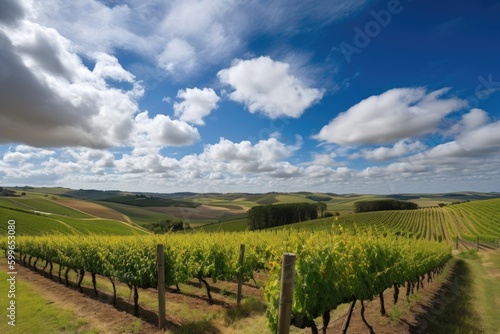 vineyard with rolling hills, blue sky and clouds, created with generative ai