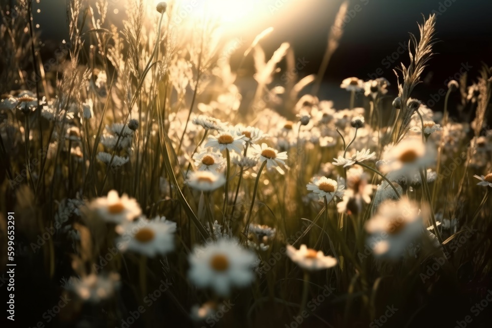 beautiful daisies in the meadow at sunset, retro style, generative Ai