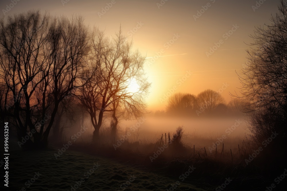 misty sunrise, with the sun rising over trees and mist, created with generative ai misty sunrise, with the sun rising over trees and mist, created with generative ai