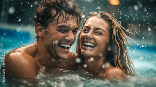 Happy couple has fun in the pool and enjoys the summer. Smiling and laughin at sunshine. Generative Ai	