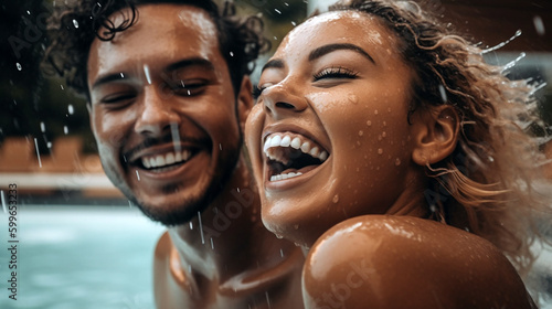 Happy couple has fun in the pool and enjoys the summer. Smiling and laughin at sunshine. Generative Ai 