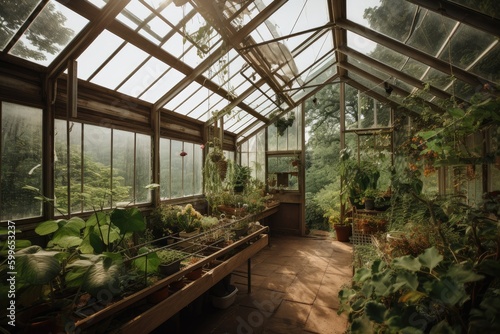 greenhouse with view of the surrounding nature, full of greenery and plants, created with generative ai