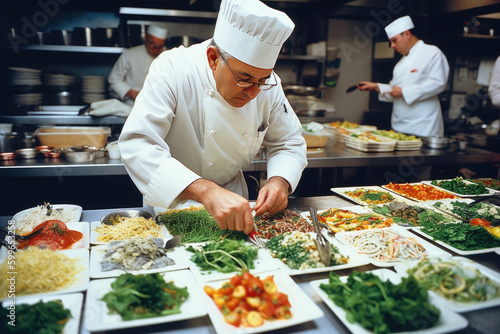 Busy Kitchen Staff Preparing Food in Restaurant. Generative AI