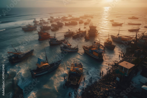 Floating fisherman village, boats resting on the beach. Generative AI