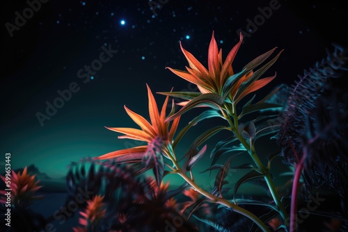neon plant against starry night sky, created with generative ai