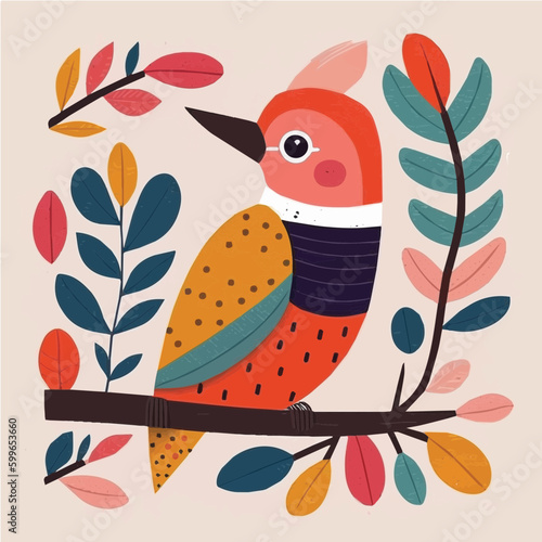 cute cute Woodpecker simple, vibrant matte palette, cartoon, children book style, comic, artistic, flat character, Illustrator
