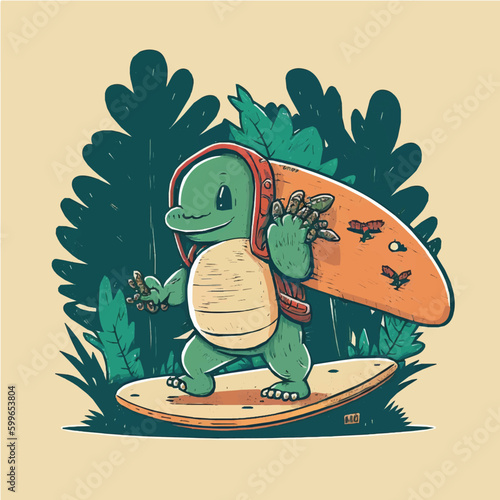 Vector illustration of a creature character Surfing forest, hand-drawn, cartoonish, minimalist, comic
