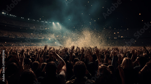 People crowd celebrating music festival concert in stadium. Generative AI