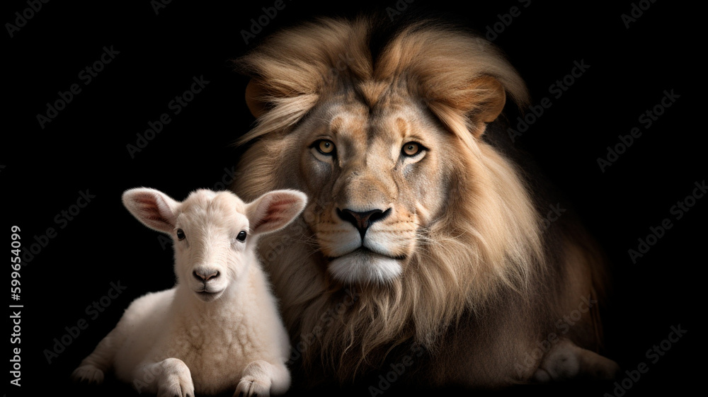 The Lion and the Lamb together. Image on black background created. Generative AI