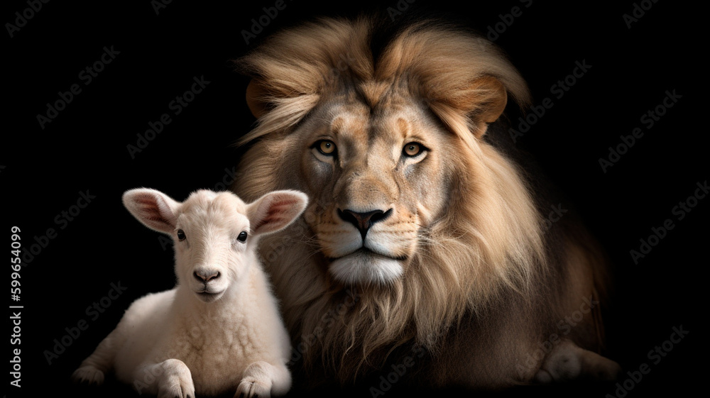 The Lion and the Lamb together. Image on black background created. Generative AI The Lion and the Lamb together. Image on black background created. Generative AI