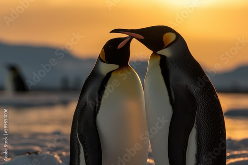 A couple of emperor penguins together at sunset. Composite with different elements made with generative AI