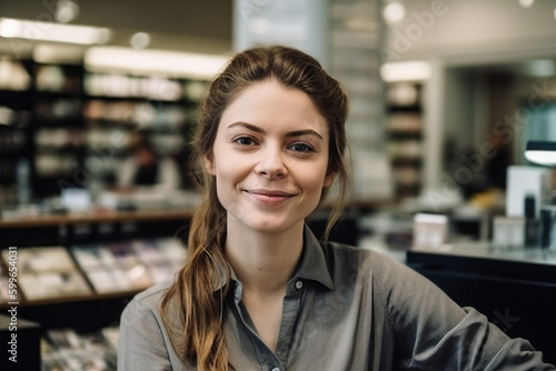 Closeup portrait of a retail store saleswoman at the makeup stand. Composite with different elements made with generative AI