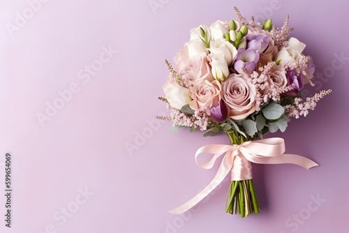 A vibrant bouquet of lavender and lilac flowers, tied with a pink ribbon and arranged in an elegant studio setting for a special event or wedding celebration. Wedding background © id512