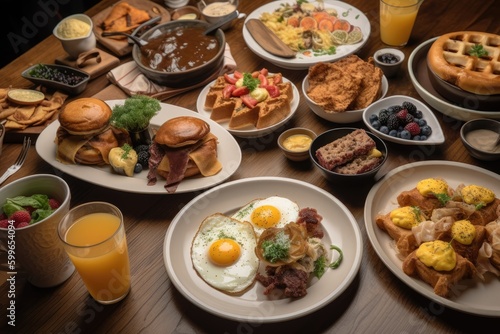 brunch feast, with endless options of pancakes, waffles, and eggs benedict, created with generative ai